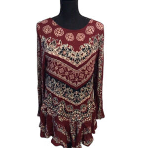 Free People Smooth Talker Mini Dress V Neck Back Print Medium M